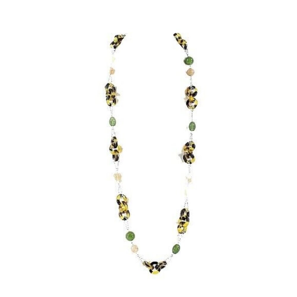 T Brand 38" +3" Ext. Silvertone Green Tortoise Mixed Media Long Necklace